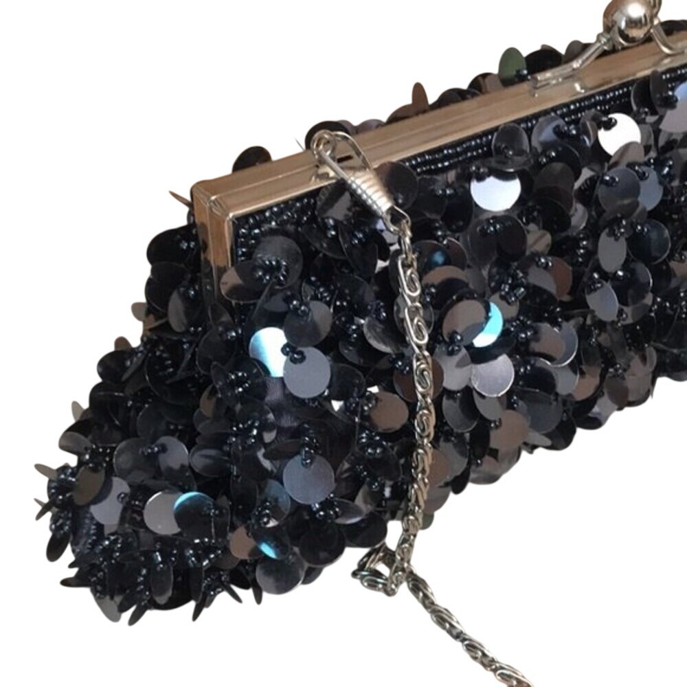 Vintage Y2K black sequin beaded clutch cocktail purse evening bag with chain - Picture 2 of 11
